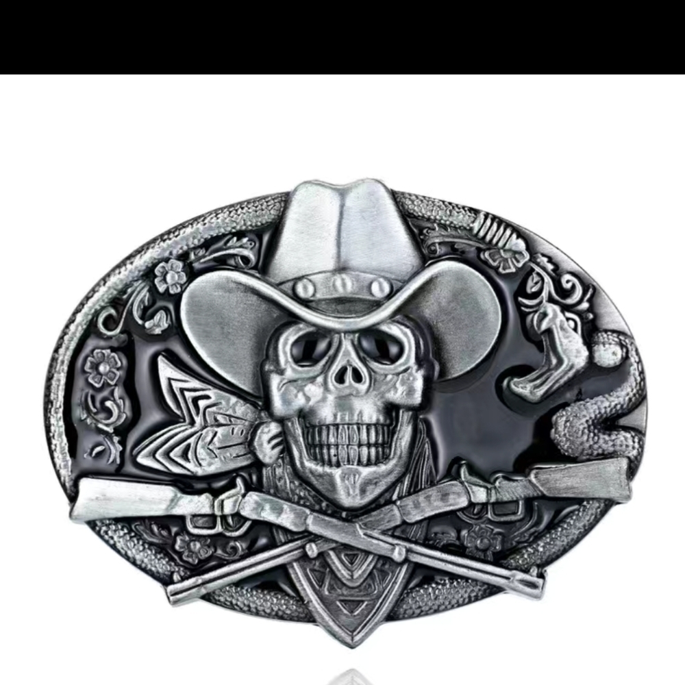 New men's cowboy western skull rifle belt buckle black background